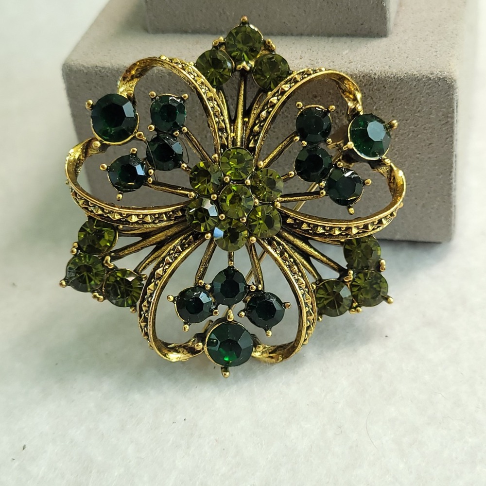 Green Rhinestone Floral Brooch Gold Tone Openwork Filigree Statement Pin